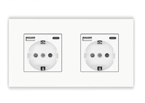 Hálózati dupla konnektor fali csatlakozóaljzat 2 db USB-porttal és C csatlakozóval süllyesztett USB aljzatos fehér hálózati csatlakozó 16A