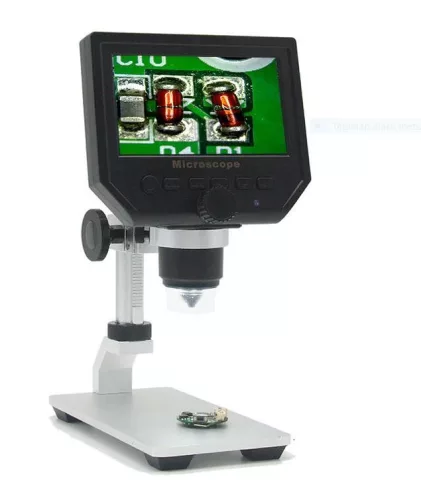 Hordozható LCD digitális mikroszkóp 600X nagyítás, alumíniumöntvény állványon, SD kártyával bővíthető memória, finom magasság állítás