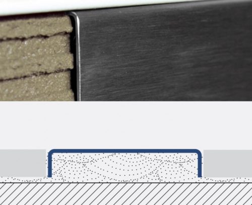 AV Rozsdamentes dekorcsík bordűr burkolóprofil szálcsiszolt inox 40x7x2500 mm selyemfényű fém Díszcsík csempe padlólap kültéri beltéri