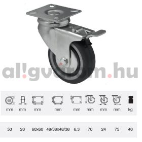   BDPE 0501 1001, Forgó-fékes kerék, 50 mm, 40 kg teherbírás, talpas felfogatás