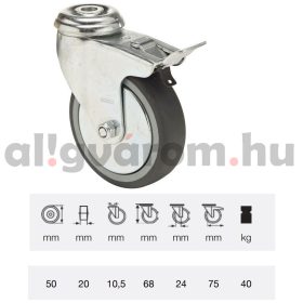   BDPE 0505 1001, Forgó-fékes kerék, 50 mm, 40 kg teherbírás, furatos felfogatás