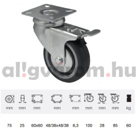   BDPE 0751 1001, Forgó-fékes kerék, 75 mm, 60 kg teherbírás, talpas felfogatás
