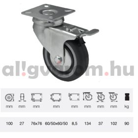   BDPE 1001 1001, Forgó-fékes kerék, 100 mm, 90 kg teherbírás, talpas felfogatás