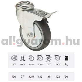   BDPE 1005 1001, Forgó-fékes kerék, 100 mm, 90 kg teherbírás, furatos felfogatás