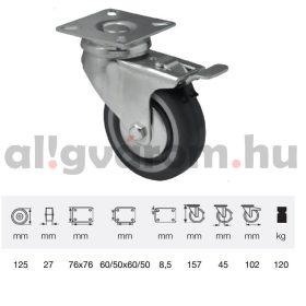   BDPE 1251 1001, Forgó-fékes kerék, 125 mm, 120 kg teherbírás, talpas felfogatás