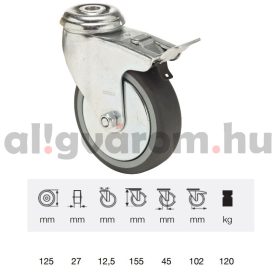  BDPE 1255 1001, Forgó-fékes kerék, 125 mm, 120 kg teherbírás, furatos felfogatás