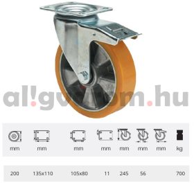   BHAU 2003 6440, Nagy teherbírású forgó-fékes kerék, poliuretán futófelület, horganyzott villába szerelve, 200 mm, 700 kg teherbírás,
