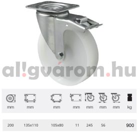   BHPN 2003 6100, Nagy teherbírású forgó kerék, (poliamid) műanyag futófelület, horganyzott villába szerelve, 200 mm, 900 kg teherbírás