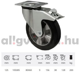   BPAB 1251 6150, Forgó-fékes kerék, horganyzott villába szerelve, fekete tömörgumi futófelülettel, 125 mm, 200 kg, talpas felfogatás