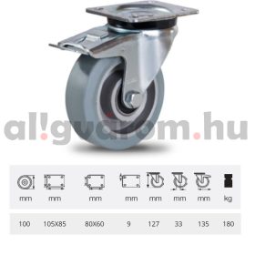   BPAG 1001 6150, Forgó-fékes kerék, horganyzott villába szerelve, szürke nyommentes tömörgumi futófelülettel, 100 mm, 180 kg, talpas felfogatás