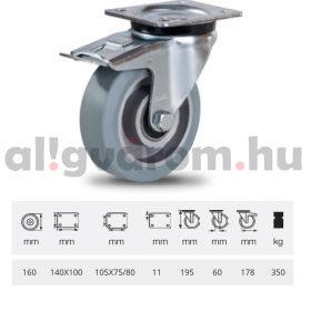   BPAG 1603 6150, Forgó-fékes kerék, horganyzott villába szerelve, szürke nyommentes tömörgumi futófelülettel, 160 mm, 350 kg, talpas felfogatás