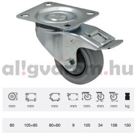   BPPF 0801 5100, Forgó-fékes kerék, horganyzott villába szerelve, prémium PERFORMA tömörgumi futófelület, 80 mm, 150 kg teherbírás, talpas felfogatás