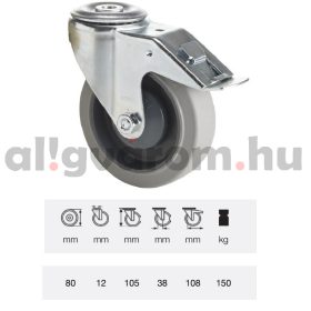   BPPF 0805 5100, Forgó-fékes kerék, horganyzott villába szerelve, prémium PERFORMA tömörgumi futófelület, 80 mm, 150 kg teherbírás, furatos felfogatás