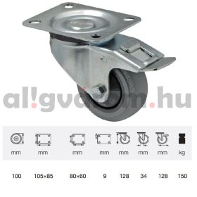   BPPF 1001 5100, Forgó-fékes kerék, horganyzott villába szerelve, prémium PERFORMA tömörgumi futófelület, 100 mm, 150 kg teherbírás, talpas felfogatás