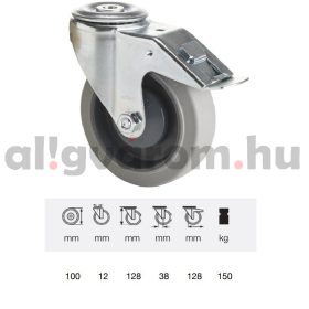   BPPF 1005 5100, Forgó-fékes kerék, horganyzott villába szerelve, prémium PERFORMA tömörgumi futófelület, 100 mm, 150 kg teherbírás, furatos felfogatás