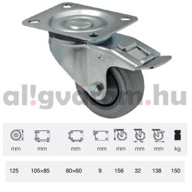   BPPF 1251 5100, Forgó-fékes kerék, horganyzott villába szerelve, prémium PERFORMA tömörgumi futófelület, 125 mm, 150 kg teherbírás, talpas felfogatás