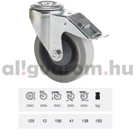   BPPF 1255 5100, Forgó-fékes kerék, horganyzott villába szerelve, prémium PERFORMA tömörgumi futófelület, 125 mm, 150 kg teherbírás, furatos felfogatás