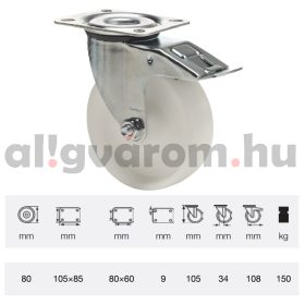   BPPN 0801 1100, Forgó-Fékes kerék, (poliamid) műanyag futófelület, horganyzott villába szerelve, 80 mm, 150 kg teherbírás, talpas felfogatás