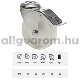   BPPN 0805 1100, Forgó-Fékes kerék, (poliamid) műanyag futófelület, horganyzott villába szerelve, 80 mm, 150 kg teherbírás, furatos felfogatás