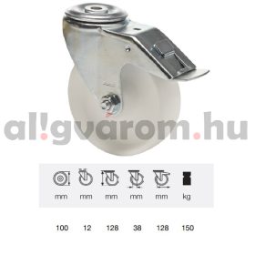   BPPN 1005 1100, Forgó-Fékes kerék, (poliamid) műanyag futófelület, horganyzott villába szerelve, 100 mm, 150 kg teherbírás, furatos felfogatás