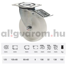   BPPN 1251 1100, Forgó-Fékes kerék, (poliamid) műanyag futófelület, horganyzott villába szerelve, 125 mm, 150 kg teherbírás, talpas felfogatás
