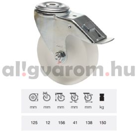   BPPN 1255 1100, Forgó-Fékes kerék, (poliamid) műanyag futófelület, horganyzott villába szerelve, 125 mm, 150 kg teherbírás, furatos felfogatás