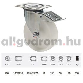   BPPN 1603 1100, Forgó-Fékes kerék, (poliamid) műanyag futófelület, horganyzott villába szerelve, 160 mm, 350 kg teherbírás, talpas felfogatás