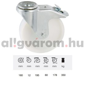   BPPN 1607 1100, Forgó-Fékes kerék, (poliamid) műanyag futófelület, horganyzott villába szerelve, 160 mm, 350 kg teherbírás, furatos felfogatás