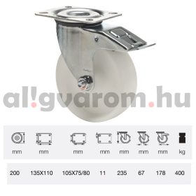   BPPN 2003 1100, Forgó-Fékes kerék, (poliamid) műanyag futófelület, horganyzott villába szerelve, 200 mm, 400 kg teherbírás, talpas felfogatás