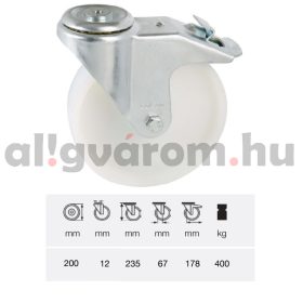   BPPN 2007 1100, Forgó-Fékes kerék, (poliamid) műanyag futófelület, horganyzott villába szerelve, 200 mm, 400 kg teherbírás, furatos felfogatás