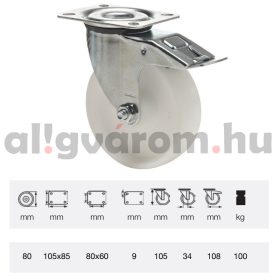   BPPP 0801 1100, Forgó-Fékes kerék, (polipropilén) műanyag futófelület, horganyzott villába szerelve, 80 mm, 150 kg teherbírás, talpas felfogatás