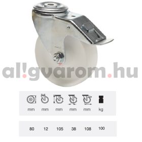   BPPP 0805 1100, Forgó-Fékes kerék, (polipropilén) műanyag futófelület, horganyzott villába szerelve, 80 mm, 150 kg teherbírás, furatos felfogatás
