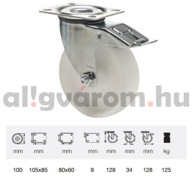  BPPP 1001 1100, Forgó-Fékes kerék, (polipropilén) műanyag futófelület, horganyzott villába szerelve, 100 mm, 150 kg teherbírás, talpas felfogatás