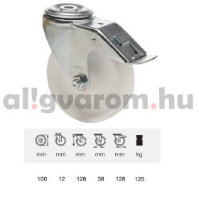   BPPP 1005 1100, Forgó-Fékes kerék, (polipropilén) műanyag futófelület, horganyzott villába szerelve, 100 mm, 150 kg teherbírás, furatos felfogatás