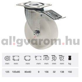   BPPP 1251 1100, Forgó-Fékes kerék, (polipropilén) műanyag futófelület, horganyzott villába szerelve, 125 mm, 150 kg teherbírás, talpas felfogatás