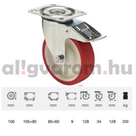   BPPU 1001 5100, Forgó-fékes kerék, Poluretán futófelülettel, horganyzott villába szerelve, 100 mm, 150 kg teherbírás, talpas felfogatás