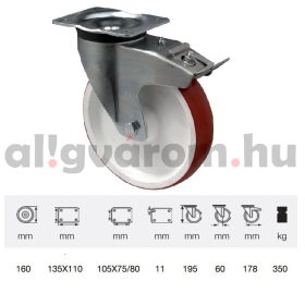   BPPU 1603 2100, Forgó-fékes kerék, Poluretán futófelülettel, horganyzott villába szerelve, 160 mm, 300 kg teherbírás, talpas felfogatás