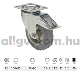   BPSG 0801 2100 L, Forgó-Fékes kerék, szürke (nyommentes) gumi futófelület, 80 mm, 70 kg teherbírás, talpas felfogatás
