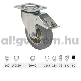  BPSG 1001 2100 L, Forgó-Fékes kerék, szürke (nyommentes) gumi futófelület, 100 mm, 90 kg teherbírás, talpas felfogatás