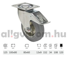   BPSG 1251 2100 L, Forgó-Fékes kerék, szürke (nyommentes) gumi futófelület, 125 mm, 120 kg teherbírás, talpas felfogatás