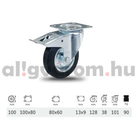   BPSM 1001 2100 L, Forgó-Fékes kerék, fekete gumi futófelület, 100 mm, 90 kg teherbírás, talpas felfogatás