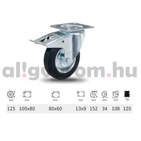   BPSM 1251 2100 L, Forgó-Fékes kerék, fekete gumi futófelület, 125 mm, 120 kg teherbírás, talpas felfogatás