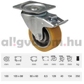   BTAU 1002 6150, Forgó-Fékes kerék, Poluretán futófelülettel, horganyzott villába szerelve, 100 mm, 200 kg teherbírás, talpas felfogatás