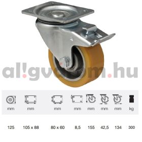   BTAU 1252 6150, Forgó-Fékes kerék, Poluretán futófelülettel, horganyzott villába szerelve, 125 mm, 250 kg teherbírás, talpas felfogatás
