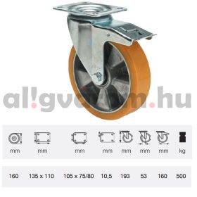   BTAU 1603 6440, Forgó-Fékes kerék, Poluretán futófelülettel, horganyzott villába szerelve, 160 mm, 500 kg teherbírás, talpas felfogatás