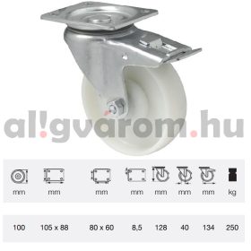   BTPN 1002 5100, Forgó-Fékes kerék, (poliamid) műanyag futófelület, horganyzott villába szerelve, 100 mm, 250 kg teherbírás, talpas felfogatás