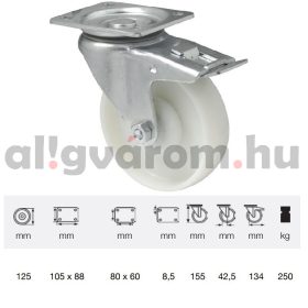   BTPN 1252 5100, Forgó-Fékes kerék, (poliamid) műanyag futófelület, horganyzott villába szerelve, 125 mm, 250 kg teherbírás, talpas felfogatás