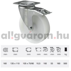   BTPN 1603 6100, Forgó-Fékes kerék, (poliamid) műanyag futófelület, horganyzott villába szerelve, 160 mm, 500 kg teherbírás, talpas felfogatás
