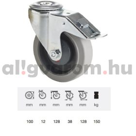   BXPF 1005 7000, Forgó-fékes kerék, rozsdamentes villába szerelve, prémium PERFORMA tömörgumi futófelület, 100 mm, 150 kg teherbírás, furatos felfogatás