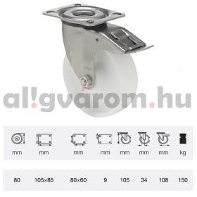   BXPN 0801 1100, Forgó-fékes kerék, (poliamid) műanyag futófelület, rozsdamentes villába szerelve, 80 mm, 150 kg teherbírás, talpas felfogatás